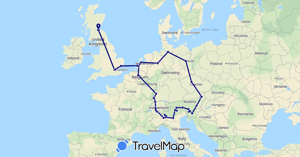 TravelMap itinerary: driving in Austria, Belgium, Switzerland, Czech Republic, Germany, France, United Kingdom, Italy, Netherlands, Slovenia (Europe)